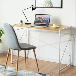 Tangkula Folding Computer Desk, Study Writing Desk with 6 Hooks, Modern Simple PC Laptop Desk with Sturdy Metal Construction, Space Saving Writing Table for Home Office (Natural)