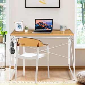 Tangkula Folding Computer Desk, Study Writing Desk with 6 Hooks, Modern Simple PC Laptop Desk with Sturdy Metal Construction, Space Saving Writing Table for Home Office (Natural)