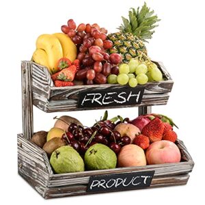 rustic fruit basket holder, 2 tier wood fruit stand with chalkboards, countertop fruit and vegetable storage for farmhouse kitchen, wooden fruit bowl for vegetable bread snacks