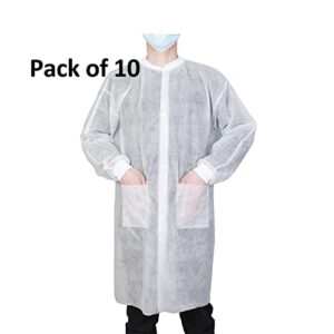 Cleaing [Pack of 10] Disposable Lab Coats for Adult, Medium, 2 Pockets with Knitted Collar and Cuffs