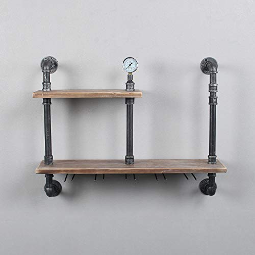 Industrial Wall Mounted Wine Rack,2 Tier Stemware Rack,Wine Bottle Stemware Glass Rack,Mugs Racks,Bottle & Glass Holder,Wine Storage Display Racks,Home & Kitchen Décor(28inch)