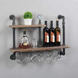 Industrial Wall Mounted Wine Rack,2 Tier Stemware Rack,Wine Bottle Stemware Glass Rack,Mugs Racks,Bottle & Glass Holder,Wine Storage Display Racks,Home & Kitchen Décor(28inch)