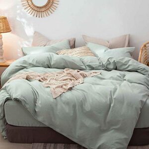 moomee bedding duvet cover set 100% washed cotton linen like textured breathable durable soft comfy (sage green, queen)