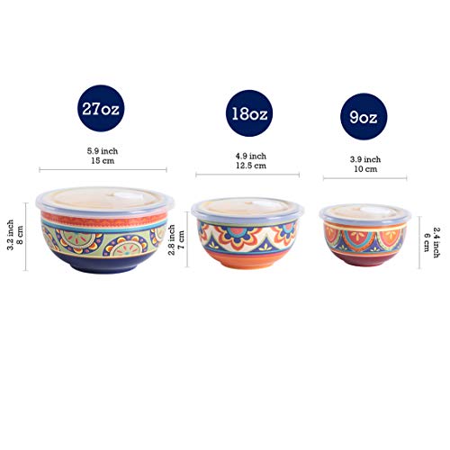 Bico Tunisian Ceramic Bowl with Air Tight Lid Set of 3(27oz, 18oz, 9oz each), Prep bowls, Food Storage Bowl for Salad, Snacks, Fruits, Microwave and Dishwasher Safe