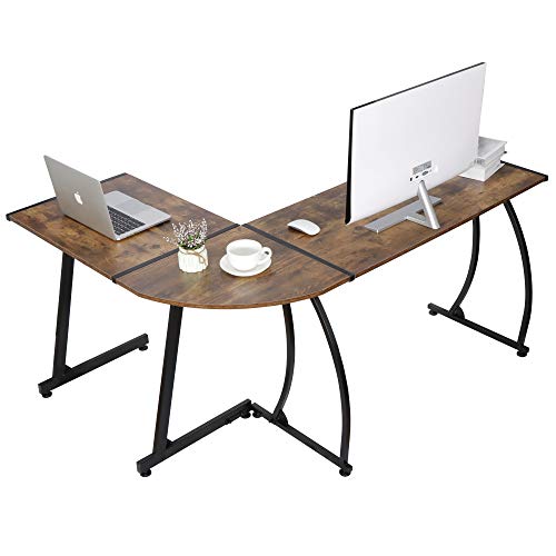 SUPER DEAL L-Shaped Corner Desk Computer Gaming Desk - Modern Home PC Table Office Writing Workstation, Bright Walnut