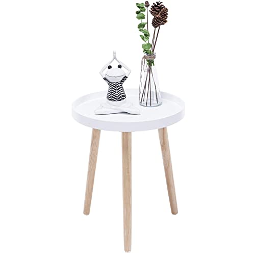 Apicizon Round Side Table, White Tray Nightstand Coffee End Table for Living Room, Bedroom, Small Spaces, Easy Assembly Bedside Table, 15 x 18 Inches