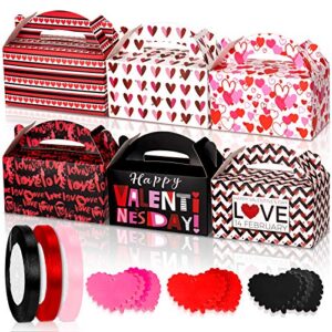 whaline 24 pack valentine's day treat boxes kit hearts goody box with 24pcs heart cards and 3 rolls ribbons cookie holder red black pink candy container box for valentines girls party favors