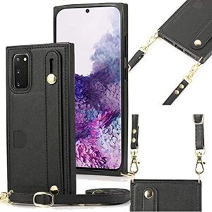 samsung galaxy s20 fe 5g wallet case,zyzx removable adjustable leather strap crossbody card holders case neck strap lanyard purse shoulder strap w/kickstand case for samsung galaxy s20 fe 5g kb black