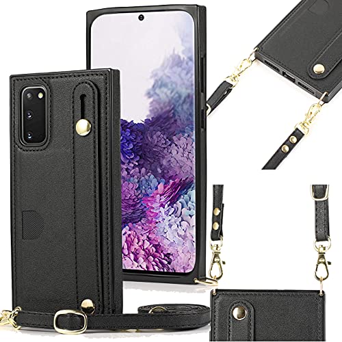 Samsung Galaxy S20 FE 5G Wallet Case,ZYZX Removable Adjustable Leather Strap Crossbody Card Holders Case Neck Strap Lanyard Purse Shoulder Strap w/Kickstand Case for Samsung Galaxy S20 FE 5G KB Black