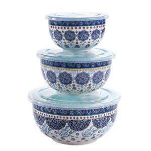 bico blue talavera ceramic bowl with air tight lid set of 3(27oz, 18oz, 9oz each), prep bowls, food storage bowl for salad, snacks, fruits, microwave and dishwasher safe