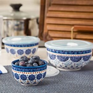 Bico Blue Talavera Ceramic Bowl with Air Tight Lid Set of 3(27oz, 18oz, 9oz each), Prep bowls, Food Storage Bowl for Salad, Snacks, Fruits, Microwave and Dishwasher Safe