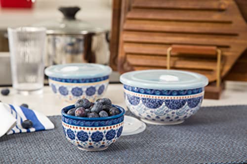 Bico Blue Talavera Ceramic Bowl with Air Tight Lid Set of 3(27oz, 18oz, 9oz each), Prep bowls, Food Storage Bowl for Salad, Snacks, Fruits, Microwave and Dishwasher Safe