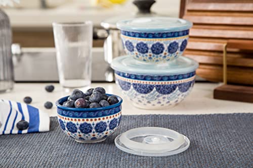 Bico Blue Talavera Ceramic Bowl with Air Tight Lid Set of 3(27oz, 18oz, 9oz each), Prep bowls, Food Storage Bowl for Salad, Snacks, Fruits, Microwave and Dishwasher Safe