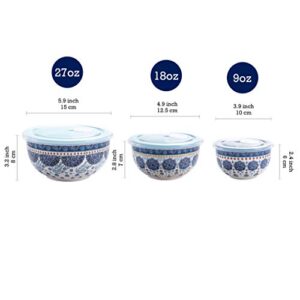 Bico Blue Talavera Ceramic Bowl with Air Tight Lid Set of 3(27oz, 18oz, 9oz each), Prep bowls, Food Storage Bowl for Salad, Snacks, Fruits, Microwave and Dishwasher Safe