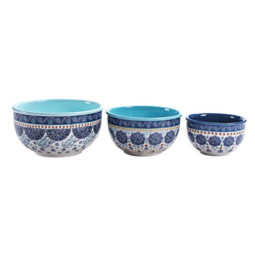 Bico Blue Talavera Ceramic Bowl with Air Tight Lid Set of 3(27oz, 18oz, 9oz each), Prep bowls, Food Storage Bowl for Salad, Snacks, Fruits, Microwave and Dishwasher Safe