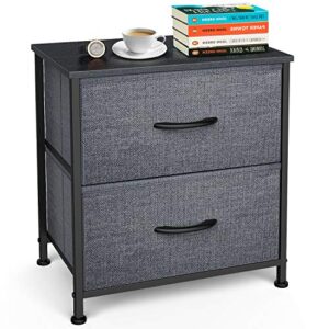 yesker nightstand with 2 fabric drawers - sturdy steel frame, small dresser storage tower organizer unit for child room bedroom hallway entryway closets, wide wood top, easy pull handle black grey