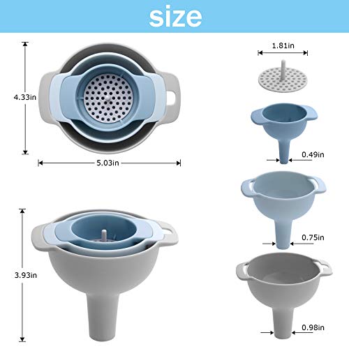 Kitchen Funnel with Strainer Filter,Funnel Set 3 Pack,2.3Inch,3.1 Inch,3.9 Inch, with 1Pack Removable Strainer, Funnels for Filling Bottles with Oil,Beer,Liquid,Food,Powder (4 in 1) (Blue)