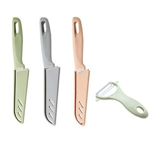 stainless steel knife & peeler set,knife set with sheath covers and peeler set - kitchen chef chef's paring set(3 knives and 1 peeler) (green)