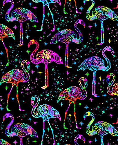 Quality Fabric Flamingo Rainbow Neon on Black 100% Cotton 1/4 Yard (18x22)