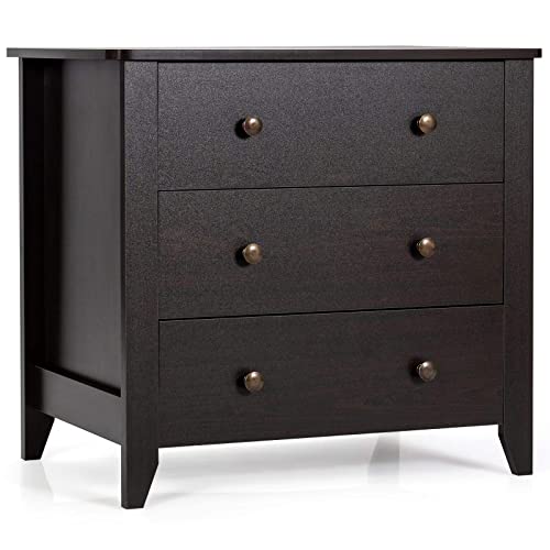 Giantex Drawer Chest with 3 Drawers,Solid Curved Legs and Double Handled Bedside Table Storage Dresser Cabinet for Bedroom, Living Room, Entryway, Nursery 28x 18x 26 Inch Drawer Dresser (Deep Coffee)