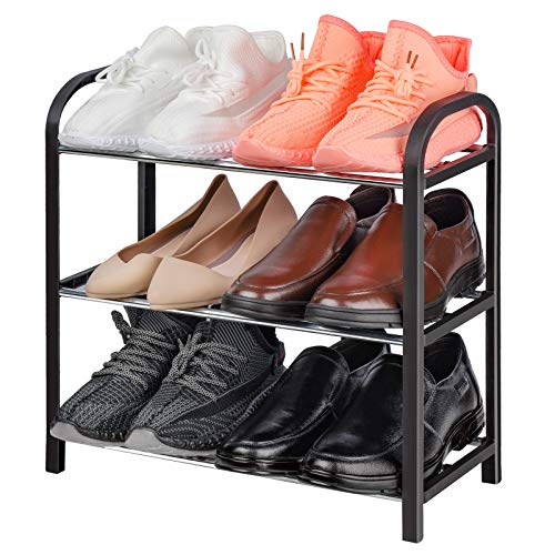 NiHome Compact 3-Tier Shoe Rack Organizer - Sturdy Metal Frame, Vertical Display Shelf for 6 Pairs of Shoes, Ideal for Closet, Hallway, Entryway, Living Room, Bedroom - Small Size, Lightweight (Black)