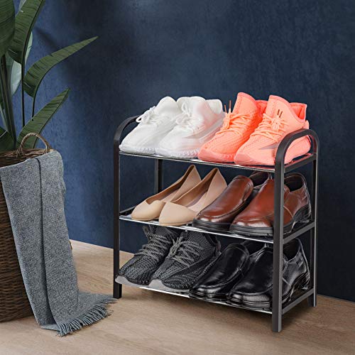 NiHome Compact 3-Tier Shoe Rack Organizer - Sturdy Metal Frame, Vertical Display Shelf for 6 Pairs of Shoes, Ideal for Closet, Hallway, Entryway, Living Room, Bedroom - Small Size, Lightweight (Black)