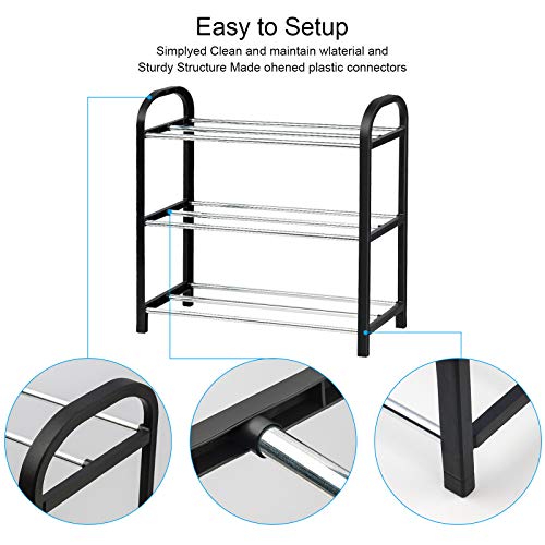 NiHome Compact 3-Tier Shoe Rack Organizer - Sturdy Metal Frame, Vertical Display Shelf for 6 Pairs of Shoes, Ideal for Closet, Hallway, Entryway, Living Room, Bedroom - Small Size, Lightweight (Black)