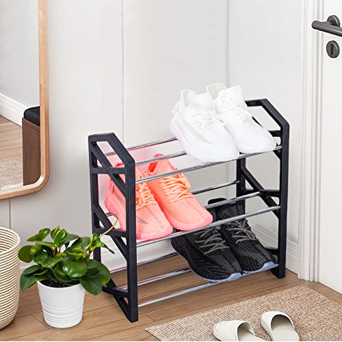 NiHome 3-Tier Shoe Rack Multifunctional Sturdy Steel Organizer Compact Small Size Lightweight 6 Pairs Footwear Freestanding Shelf for Closet Hallway Entryway Living Room Bedroom X Shape Frames (Black)