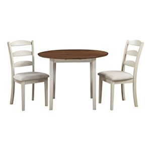 osp home furnishings murphy 3-piece drop-leaf 42 inch round dining table and chairs set, tobacco top and cream base