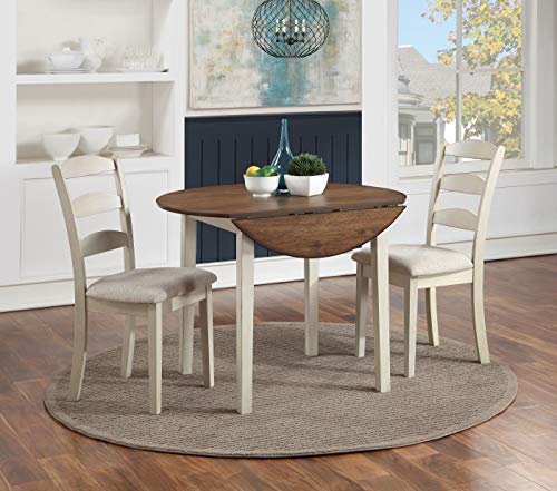 OSP Home Furnishings Murphy 3-Piece Drop-Leaf 42 Inch Round Dining Table and Chairs Set, Tobacco Top and Cream Base