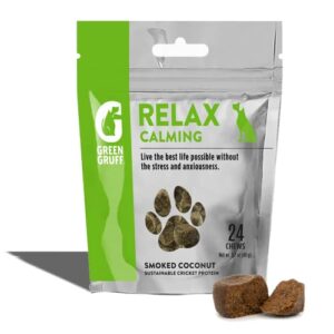 green gruff calming chews for dogs - organic calming dog supplement - veterinarian approved - dog calming treats to relieve stress, separation, storms, fireworks, travel - 24 chews
