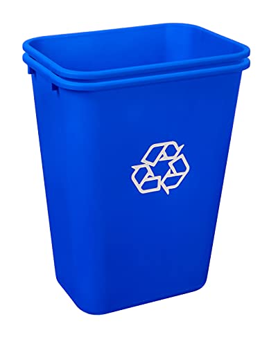 AmazonCommercial 10 Gallon Commercial Office Wastebasket, Blue, w/ Recycle Logo, 2-pack