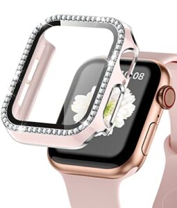 zaroto for apple watch case 40mm with tempered glass screen protector for iwatch series 6/5/4/se, bling crystal diamond rhinestone bumper full cover protective case women girls 40mm pink