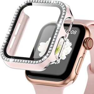 ZAROTO for Apple Watch case 40mm with Tempered Glass Screen Protector for iwatch Series 6/5/4/SE, Bling Crystal Diamond Rhinestone Bumper Full Cover Protective Case Women Girls 40mm Pink