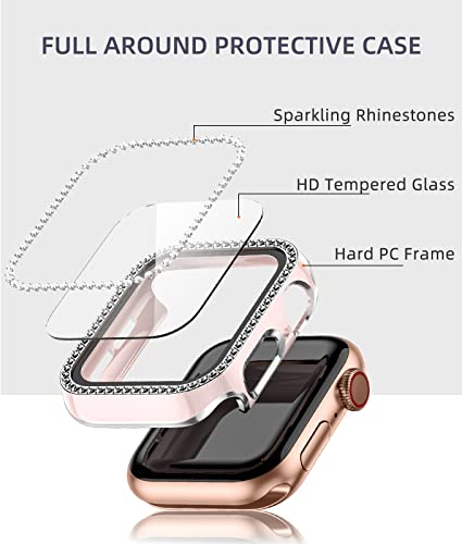 ZAROTO for Apple Watch case 40mm with Tempered Glass Screen Protector for iwatch Series 6/5/4/SE, Bling Crystal Diamond Rhinestone Bumper Full Cover Protective Case Women Girls 40mm Pink