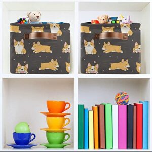 Rectangular Storage Basket Storage Bin - Corgi Dogs Collapsible Storage Box with Leather Handles Rectangle Storage Bin Organizer Organizer for Living Room Cabinet