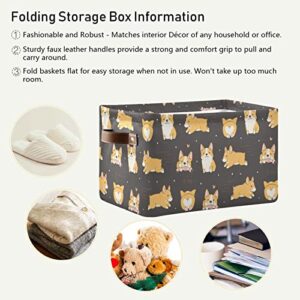 Rectangular Storage Basket Storage Bin - Corgi Dogs Collapsible Storage Box with Leather Handles Rectangle Storage Bin Organizer Organizer for Living Room Cabinet