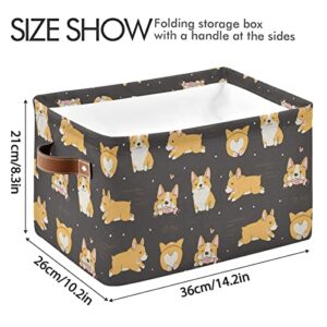 Rectangular Storage Basket Storage Bin - Corgi Dogs Collapsible Storage Box with Leather Handles Rectangle Storage Bin Organizer Organizer for Living Room Cabinet