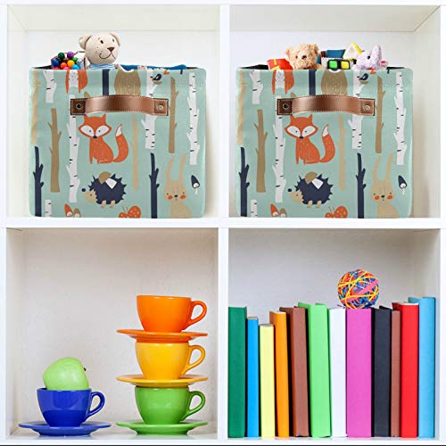 Animal Fox Bear Rabbit Storage Basket Large Foldable Storage Organizer Cubes Bins with Leather Handles Sturdy Collapsible Boxes for Shelf Cloth Toy Closet-2 Pack