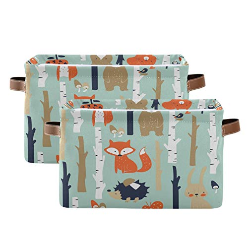 Animal Fox Bear Rabbit Storage Basket Large Foldable Storage Organizer Cubes Bins with Leather Handles Sturdy Collapsible Boxes for Shelf Cloth Toy Closet-2 Pack