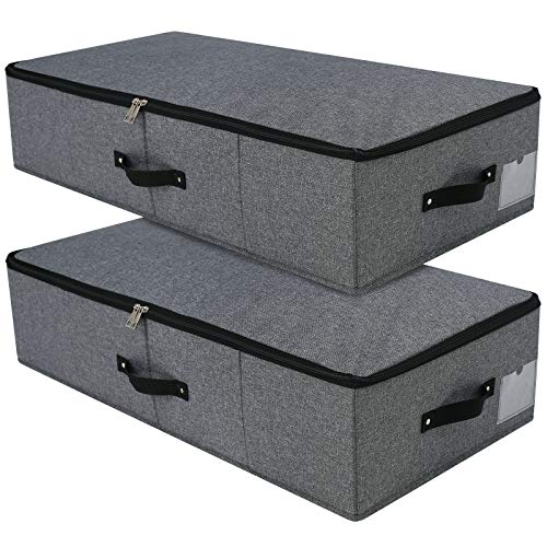 2PCS Foldable Under Bed Storage Box with Plastic Support Liner, Handles, Zipper lid, Blankets Clothes Comforters Storage Bin Organizer for Bedroom and Closet, 29×15×7inch, Black Grey