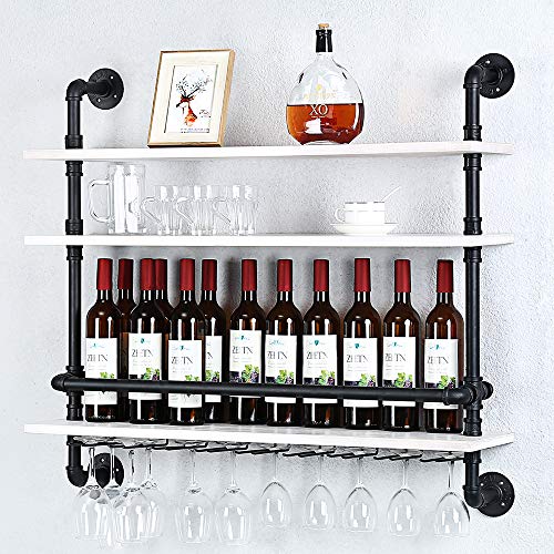HAOVON Industrial Pipe Shelf Wine Rack Wall Mounted with 9 Stem Glass Holder,3-Tiers Rustic Floating Bar Shelves Wine Shelf,36in Real Wood Shelves Wall Shelf Unit,Pipe Shelving Glass Rack