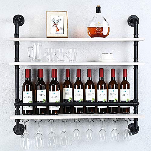 HAOVON Industrial Pipe Shelf Wine Rack Wall Mounted with 9 Stem Glass Holder,3-Tiers Rustic Floating Bar Shelves Wine Shelf,36in Real Wood Shelves Wall Shelf Unit,Pipe Shelving Glass Rack