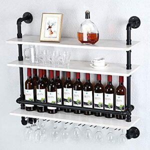 HAOVON Industrial Pipe Shelf Wine Rack Wall Mounted with 9 Stem Glass Holder,3-Tiers Rustic Floating Bar Shelves Wine Shelf,36in Real Wood Shelves Wall Shelf Unit,Pipe Shelving Glass Rack