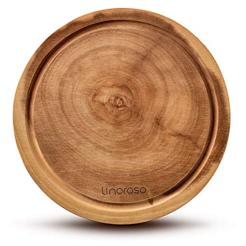 Linoroso Round Cutting Board, Exquisite Non-Splicing Acacia Wood Cheese Board, Reversible Round (Dia. 10inch) Charcuterie Board with Juice Groove (Non-Exact Round, Follow Actual Shape of wood)