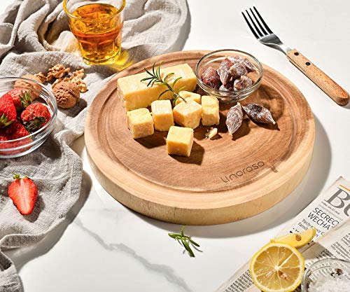 Linoroso Round Cutting Board, Exquisite Non-Splicing Acacia Wood Cheese Board, Reversible Round (Dia. 10inch) Charcuterie Board with Juice Groove (Non-Exact Round, Follow Actual Shape of wood)