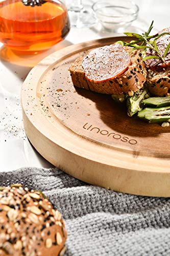 Linoroso Round Cutting Board, Exquisite Non-Splicing Acacia Wood Cheese Board, Reversible Round (Dia. 10inch) Charcuterie Board with Juice Groove (Non-Exact Round, Follow Actual Shape of wood)