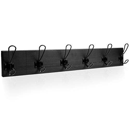 Ilyapa Coat Hooks Wall Mounted - Wooden Wall Coat Rack with Wall Hooks for Coats, 6 Metal Hooks - for Hats, Coats, Kitchen, Bedroom, and More - Black