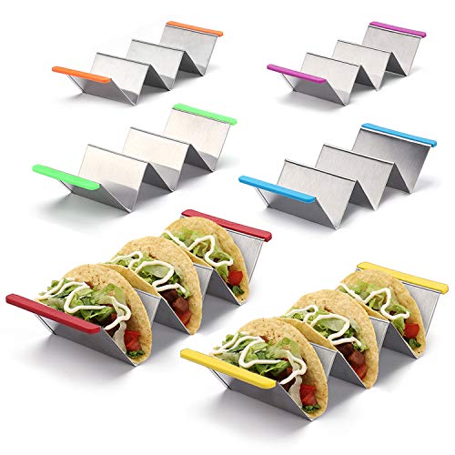 Taco Holder Stands Stainless Steel Set of 6 with Colorful Silicone Easy-Access Handle, Taco Rack, Taco Shell Holder, Taco Tray, Oven, Grill, and Dishwasher Safe, Smooth Edge