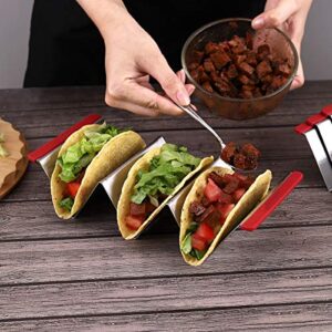 Taco Holder Stands Stainless Steel Set of 6 with Colorful Silicone Easy-Access Handle, Taco Rack, Taco Shell Holder, Taco Tray, Oven, Grill, and Dishwasher Safe, Smooth Edge